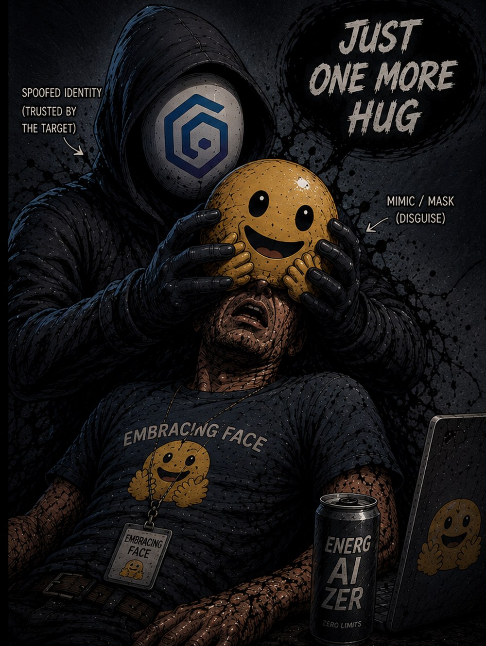 The same story as a nightmare: a hooded figure wearing a spoofed identity holds a grinning mask over the eyes of an exhausted security lead beside an energy drink can.