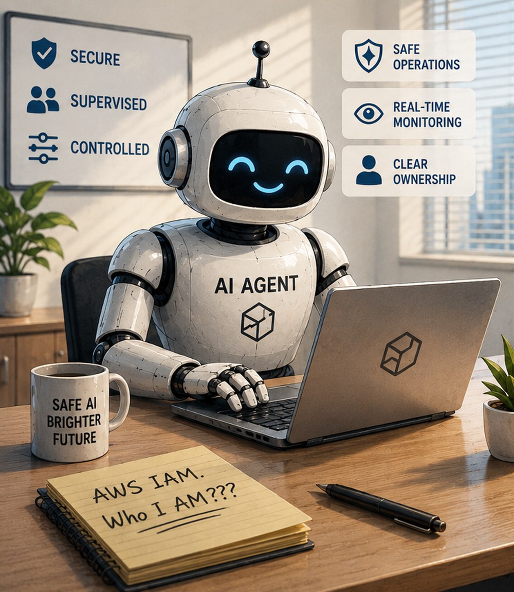 A supervised AI agent at a tidy desk: secure, supervised and controlled, with safe operations, real-time monitoring and clear ownership.