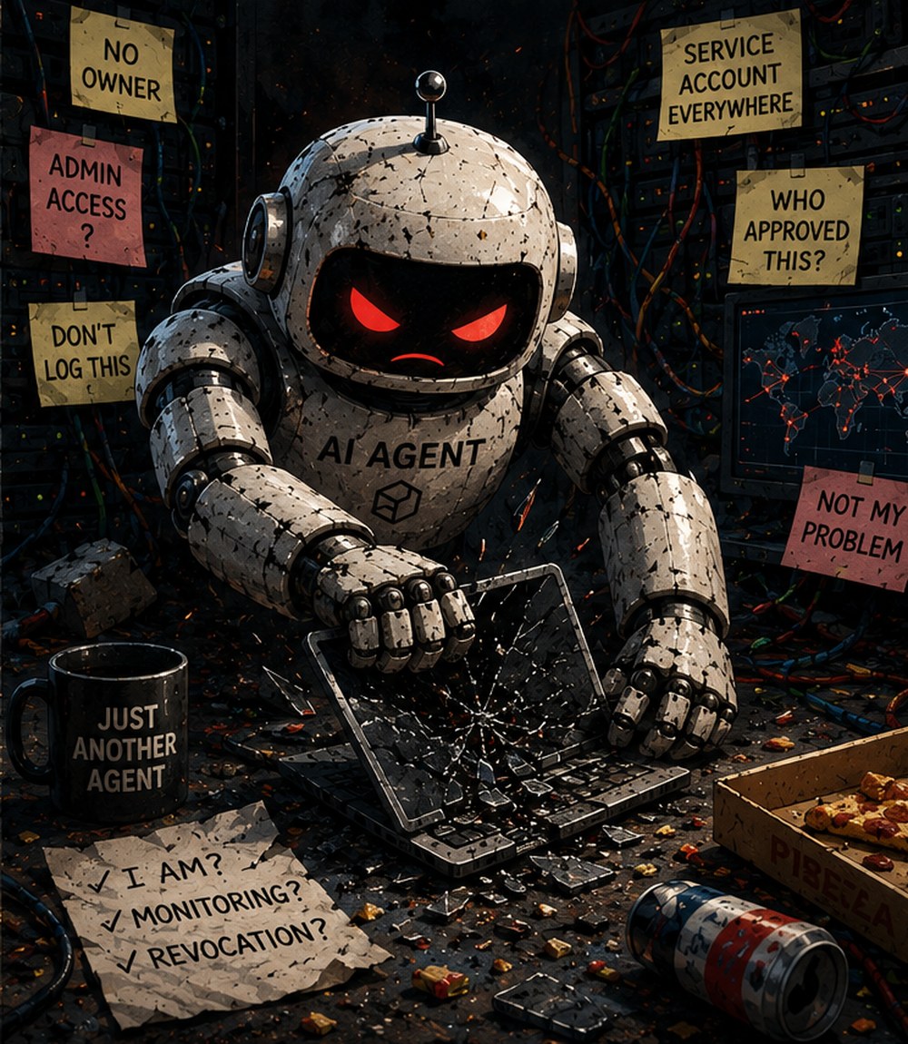 The same AI agent in a dark server room: no owner, admin access, service accounts everywhere, nobody logging it and nobody sure who approved it.
