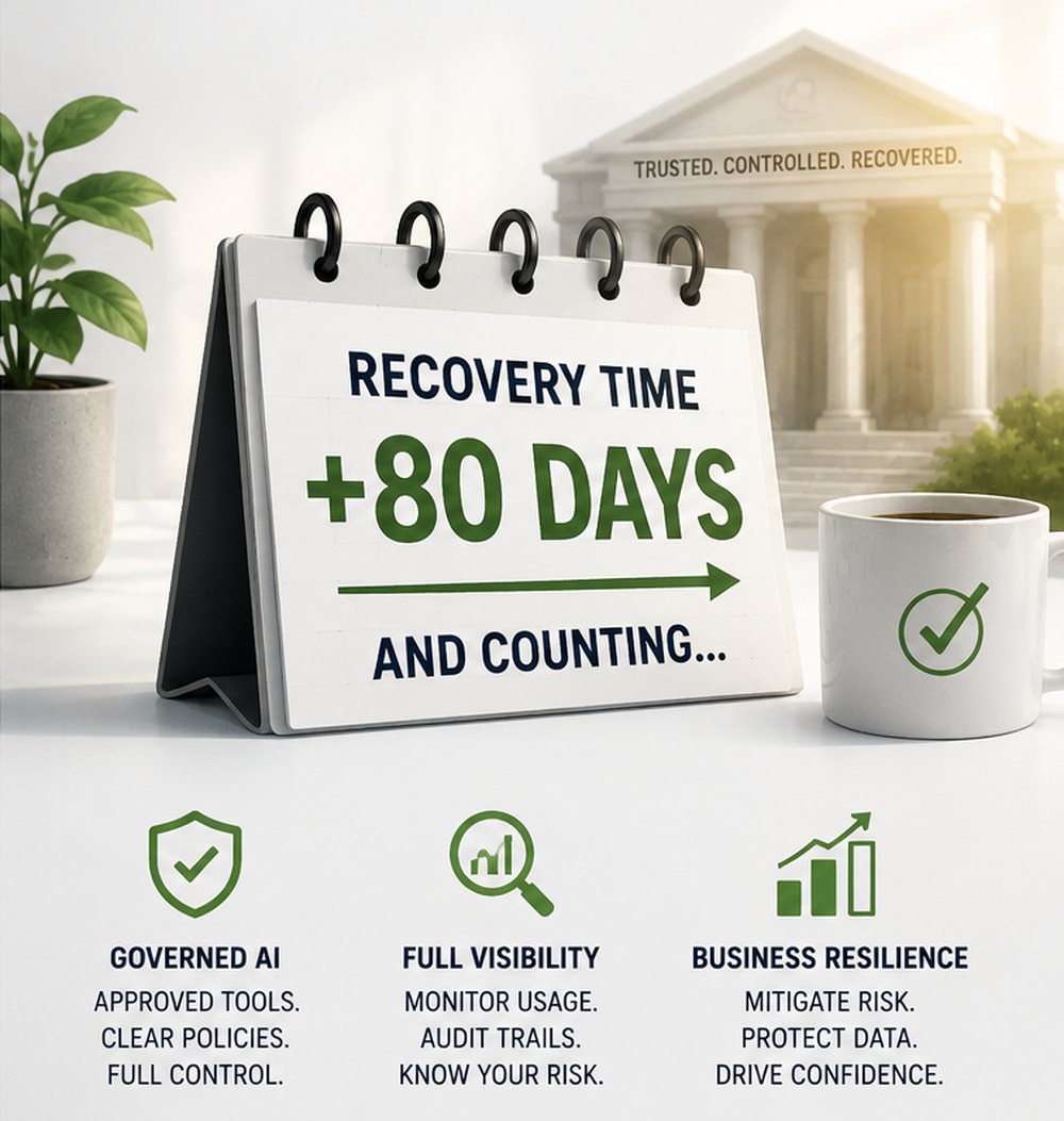 Governed AI in finance: recovery time plus 80 days and counting, with approved tools, monitored usage, audit trails and business resilience.