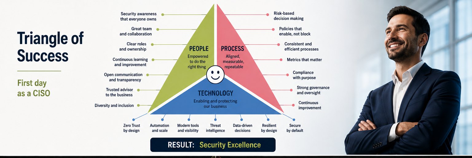 Triangle of Success and a confident CISO on their first day: empowered people, aligned process, enabling technology, ending in security excellence.