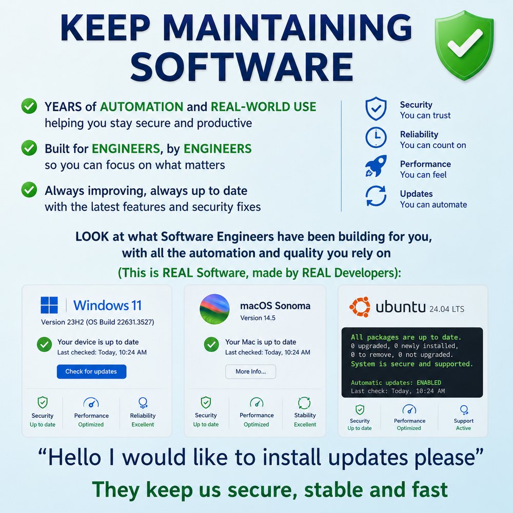 Keep Maintaining Software: Windows 11, macOS Sonoma and Ubuntu 24.04 LTS all reporting up to date, secure and supported.