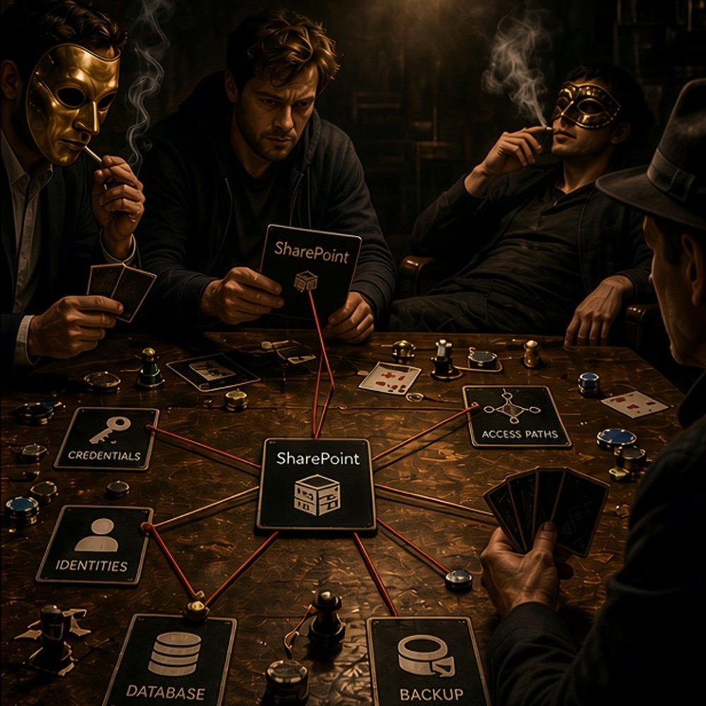 Masked figures around a card table, a SharePoint card in play, and the SharePoint node wired to credentials, identities, access paths, database and backup.