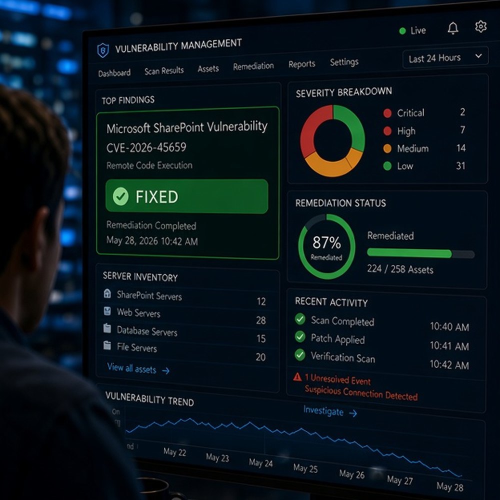 A vulnerability management dashboard showing CVE-2026-45659 marked FIXED, remediation completed, 87% of assets remediated.